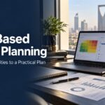 Risk based audit planning workspace with laptop, risk heatmap and printed audit documents