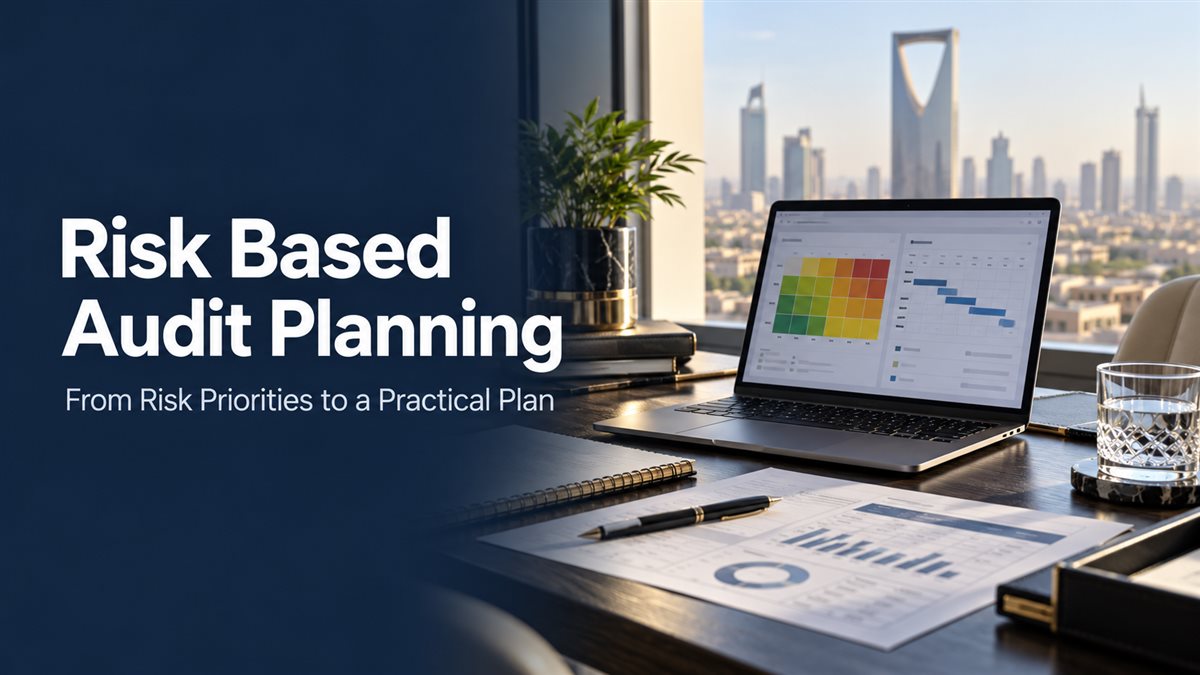 Risk based audit planning workspace with laptop, risk heatmap and printed audit documents